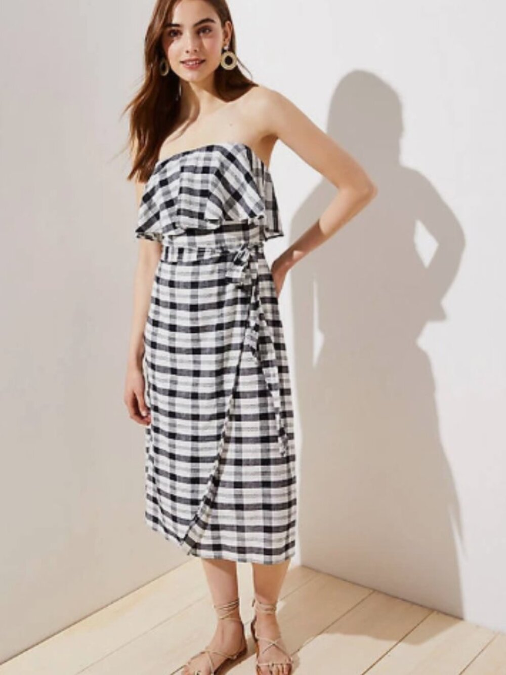 NWT LOFT Beach Black White Gingham Plaid Flounce Tie Waist Casual Flowy Dress 14